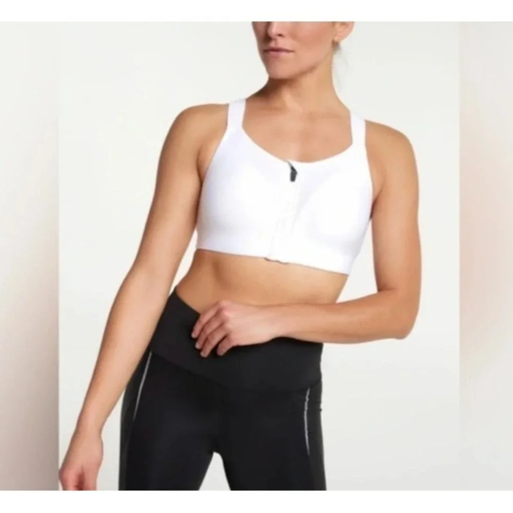 Calia Womens White Go All Out Zip Front Sports Bra Size 32 DD NWT‎